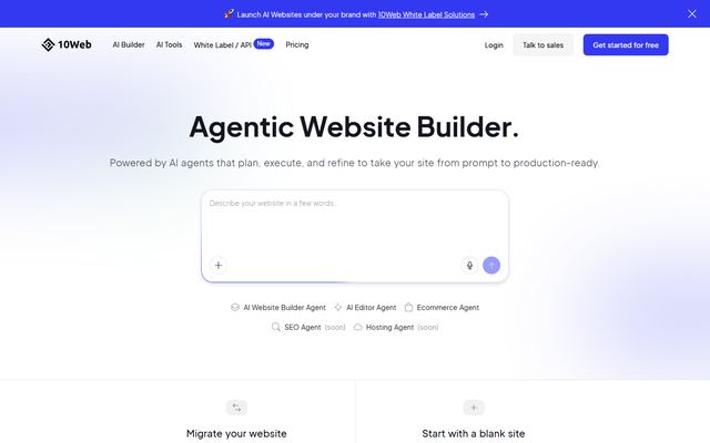 10Webs forside med overskriften »Agentic Website Builder.« og et felt, hvor man beskriver sin hjemmeside