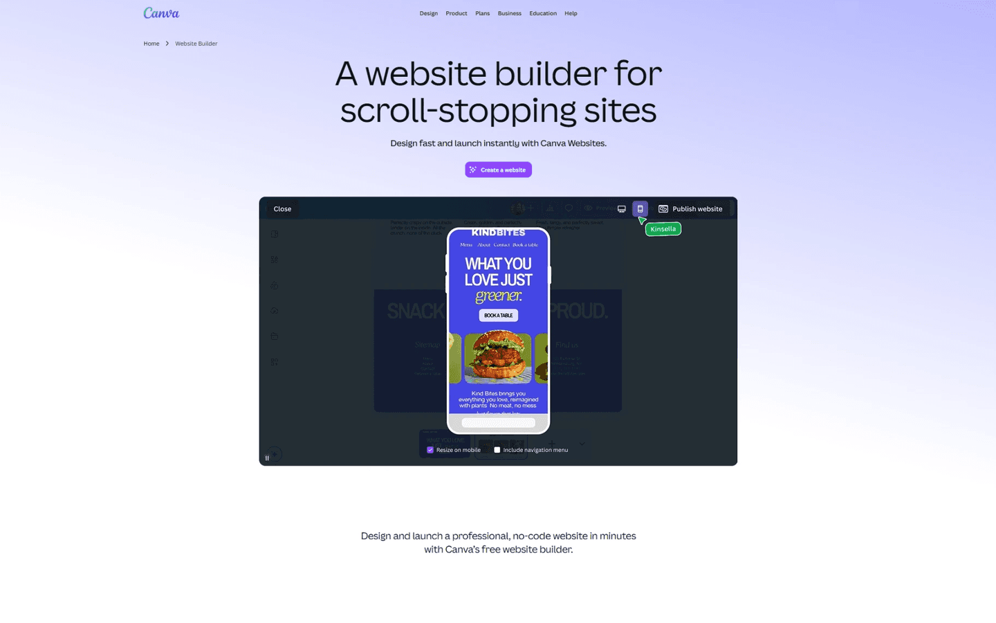 Canvas side om hjemmesider med overskriften »A website builder for scroll-stopping sites«, linjen »Design fast and launch instantly with Canva Websites.« og knappen »Create a website«. Under den ses Canvas editor med mobilvisningen af en side med en burger og knappen »Book a table«.