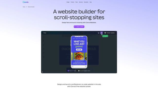 Canvas side om hjemmesider med overskriften »A website builder for scroll-stopping sites«, linjen »Design fast and launch instantly with Canva Websites.« og knappen »Create a website«. Under den ses Canvas editor med mobilvisningen af en side med en burger og knappen »Book a table«.