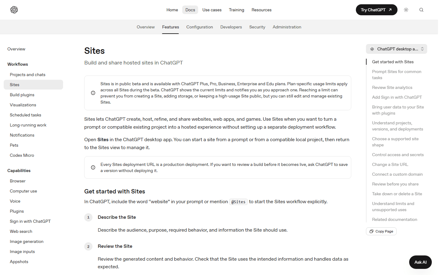 OpenAIs dokumentationsside om Sites med teksten om, at Sites er i offentlig beta i Plus, Pro, Business, Enterprise og Edu.