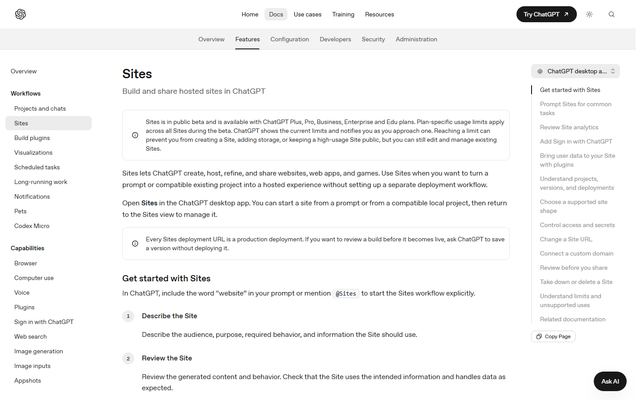 OpenAIs dokumentationsside om Sites med teksten om, at Sites er i offentlig beta i Plus, Pro, Business, Enterprise og Edu.