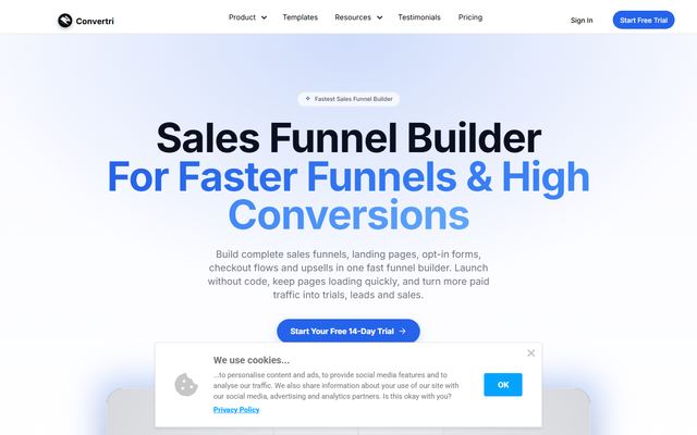 Convertris forside med overskriften »Sales Funnel Builder For Faster Funnels & High Conversions« og en knap til en gratis prøveperiode på 14 dage