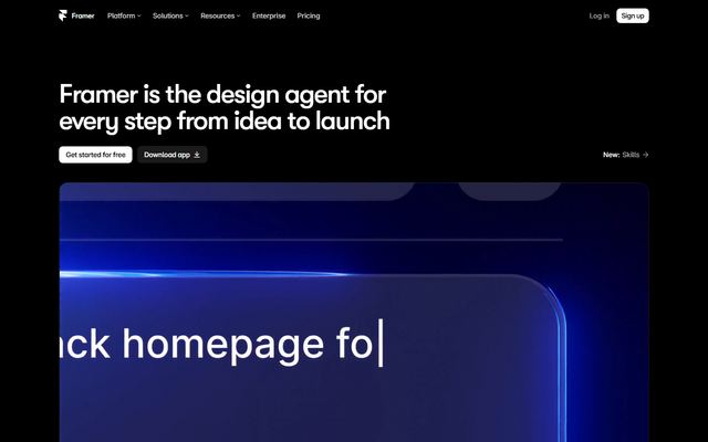 Framers forside med overskriften »Framer is the design agent for every step from idea to launch«, knapperne »Get started for free« og »Download app« og en animeret promptboks.