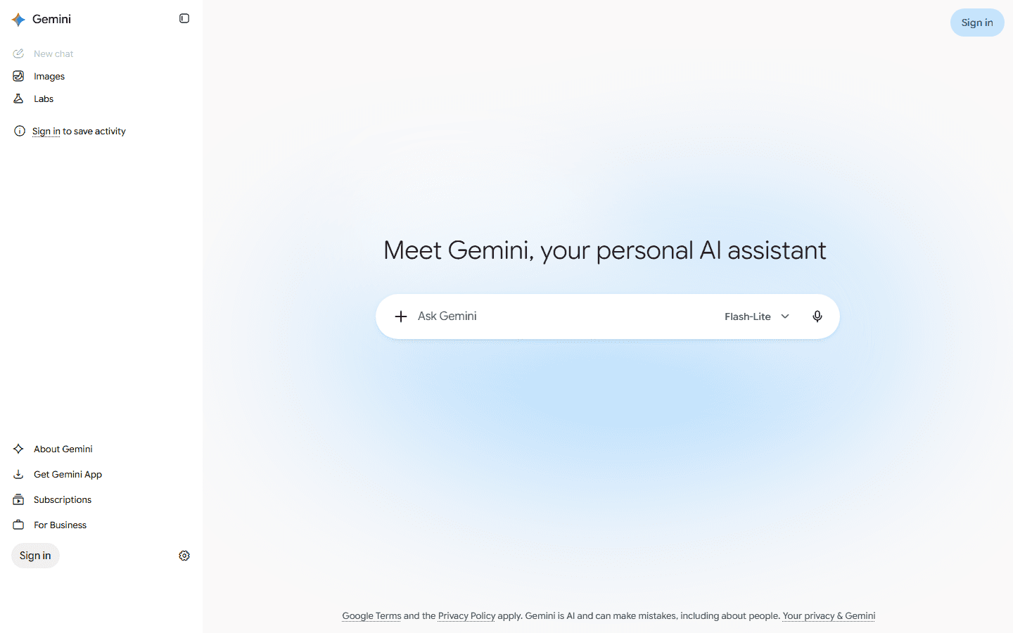 Geminis forside uden login med overskriften »Meet Gemini, your personal AI assistant«, et tekstfelt og en knap til at logge ind.