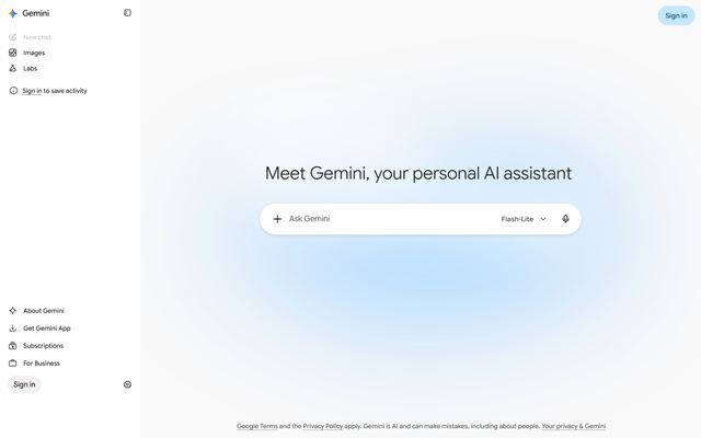 Geminis forside uden login med overskriften »Meet Gemini, your personal AI assistant«, et tekstfelt og en knap til at logge ind.