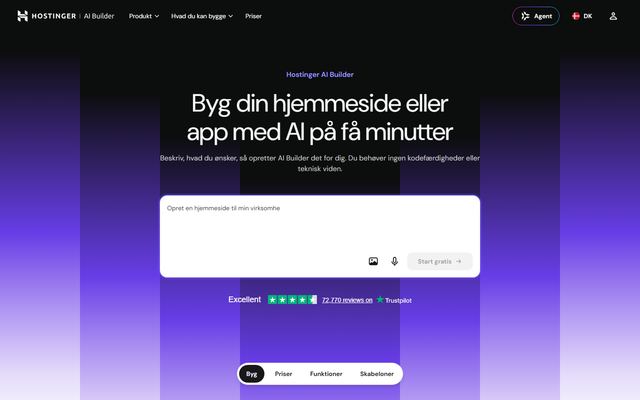 Hostinger AI Builders danske side med overskriften »Byg din hjemmeside eller app med AI på få minutter« og et felt, hvor man beskriver sin side.
