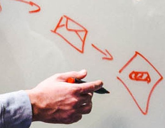 Jacobs hånd med tuschen ved en kuvert, pile og en rombe tegnet i rød tusch på whiteboardet.