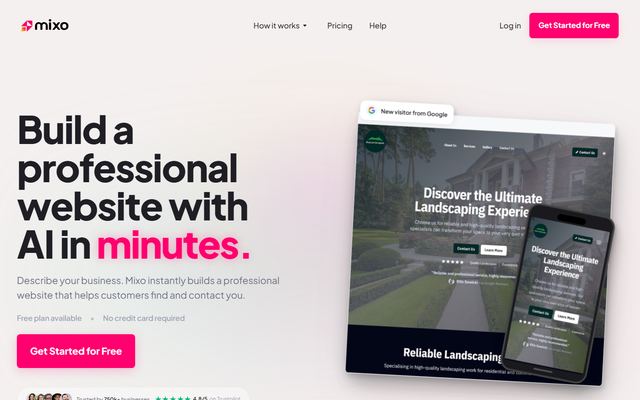 Mixos forside med overskriften »Build a professional website with AI in minutes« og et eksempel på en side for et anlægsgartnerfirma på computer og mobil.