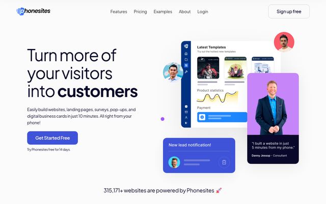 Phonesites' forside med overskriften »Turn more of your visitors into customers«, knappen »Get Started Free« og en illustration af kontrolpanelet med skabeloner og en besked om et nyt lead.