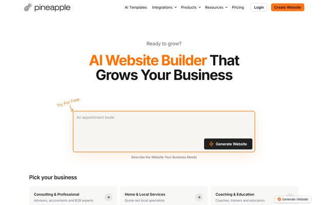 Pineapple Builders forside med overskriften »AI Website Builder That Grows Your Business« og et felt, hvor man beskriver sin virksomhed