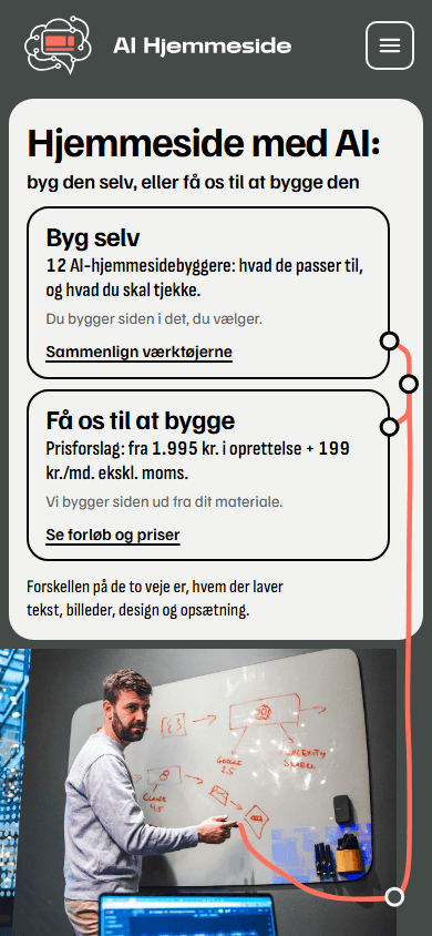 Den første af de tre retninger til aihjemmeside.dk på en telefon, 390 pixel bred.