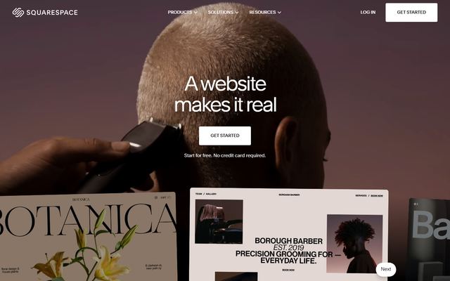 Squarespaces forside med overskriften »A website makes it real«, knappen »Get started«, teksten »Start for free. No credit card required.« og eksempler på hjemmesider.