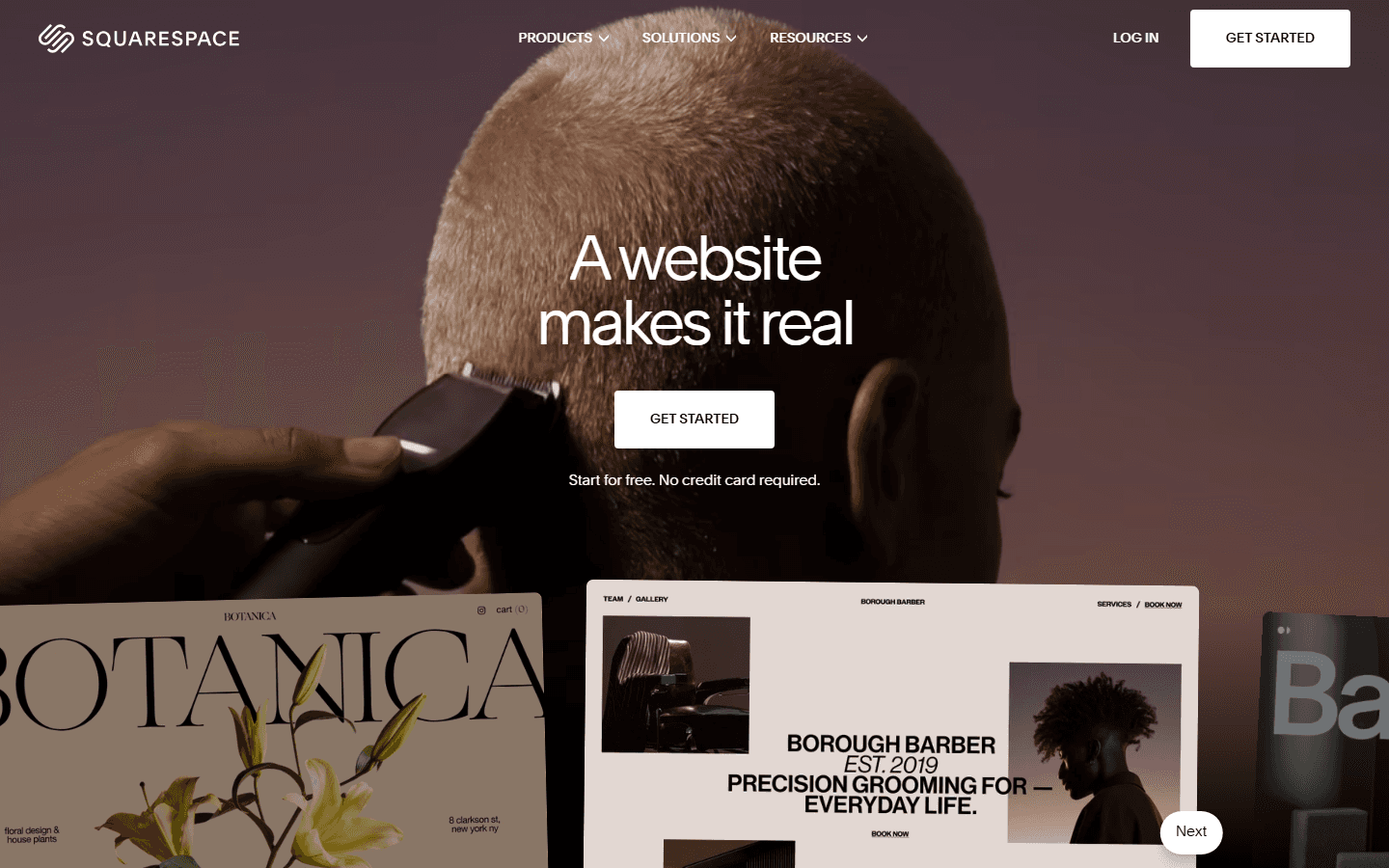 Squarespaces forside med overskriften »A website makes it real«, knappen »Get started«, teksten »Start for free. No credit card required.« og eksempler på hjemmesider.