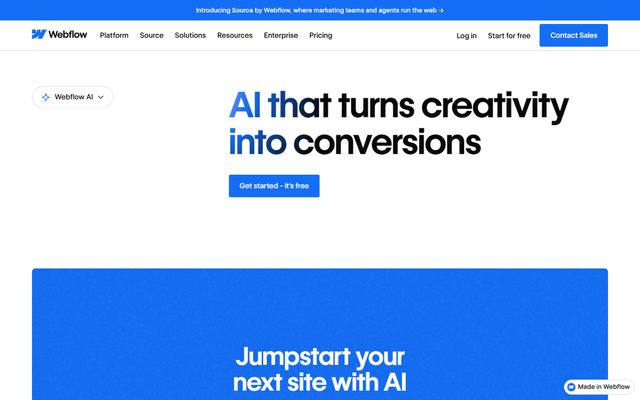 Webflows side om Webflow AI med overskriften »AI that turns creativity into conversions« og knappen Get started - it's free