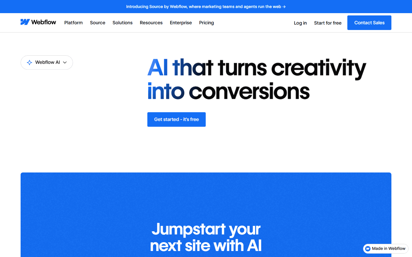 Webflows side om Webflow AI med overskriften »AI that turns creativity into conversions« og knappen Get started - it's free