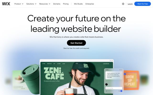 Wix’ forside med overskriften »Create your future on the leading website builder«, linjen »Wix Harmony is where you create a site that means business« og knappen »Get Started«. Nederst ses en side for en café og et chatvindue med AI-agenten Aria.